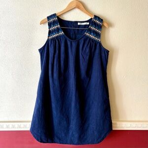 Anthropologie‎ Solitaire Navy Blue Embroidered lined cotton tank dress